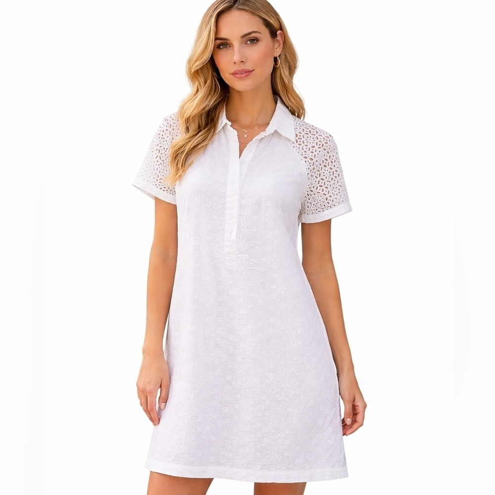 J.Crew White Cotton Eyelet Sleeve Popover Shirt Dress Size 6